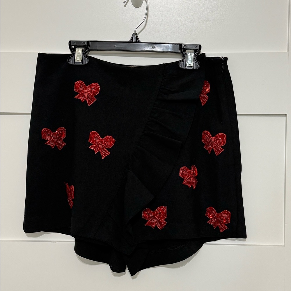 Judith March Black Mini Skirt with Red Bow Embroideries